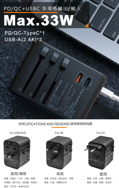 CITY萬用轉接頭急速充電器33W PD快充黑+勇固 USB-A to Type-C 45W編織耐彎折快充線-紅300cm product thumbnail 4