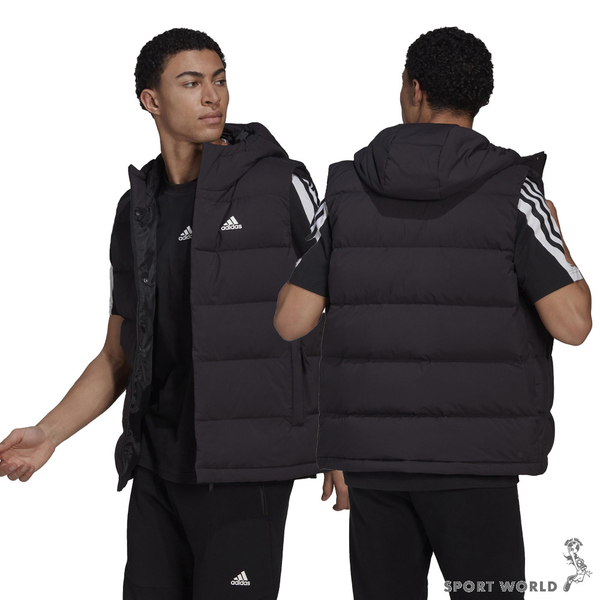 Adidas 羽絨背心 連帽外套 男裝 拉鍊口袋 防潑水 黑/米白【運動世界】HG6277/HY3935 product thumbnail 3