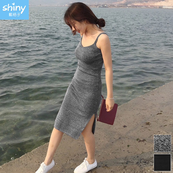 【V2964】shiny藍格子-美妙曲線．V領無袖側開叉針織連身裙