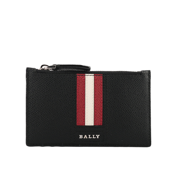 【BALLY】Tenley 紅白條紋防刮牛皮拉鍊卡片夾/零錢包(黑色) 6221811