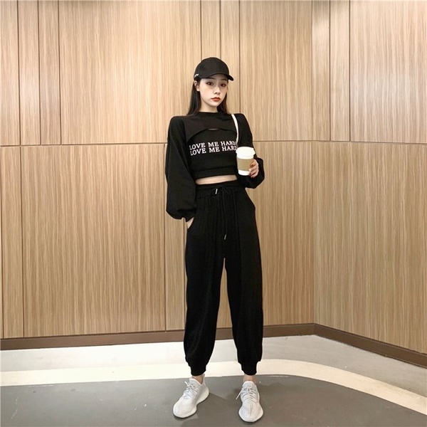 FINDSENSE G6 韓國潮流 2019 春夏新款女裝長袖衛衣+短款修身字母