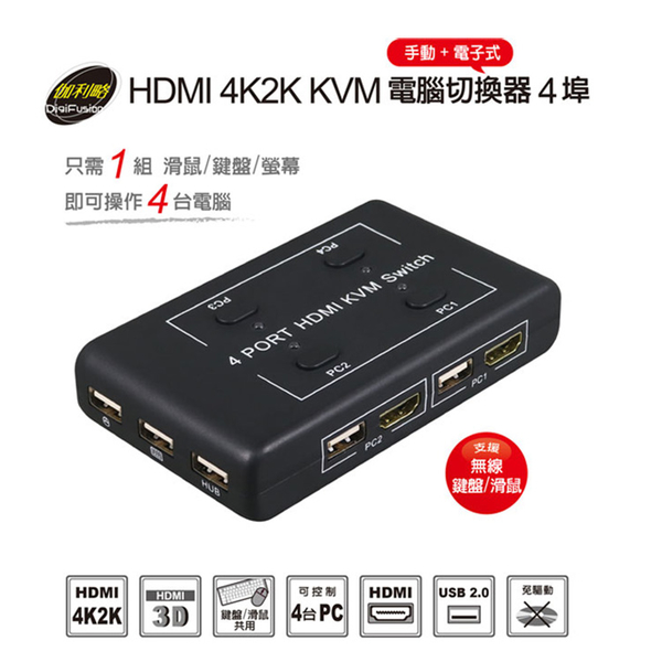 【中將3C】伽利略 HDMI 4K2K KVM 電腦切換器4埠 (手動+電子式) .HKVM4S