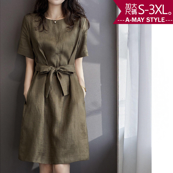 加大碼洋裝-質感純色棉麻感綁帶連身裙(M-3XL)
