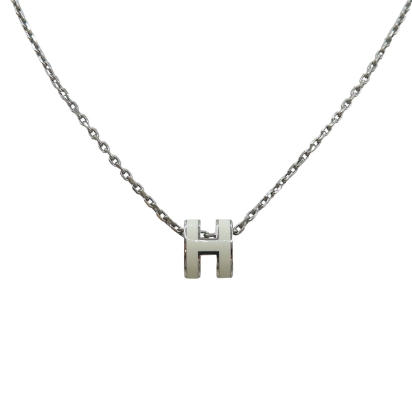 【二手名牌BRAND OFF】HERMES 愛馬仕 銀色 合金 白色琺瑯 MINI Pop H 立體簍空橢圓 LOGO 項鍊