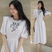 韓國製．簡約字母收腰棉質圓領公主袖洋裝．白鳥麗子