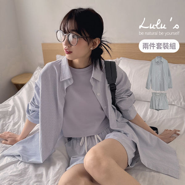 LULUS/套裝休閒直紋襯衫+短褲藍【A01240151】