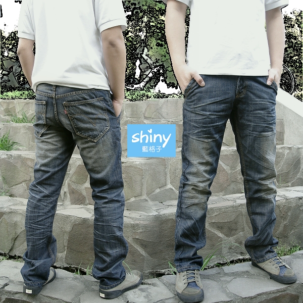 【Y796】shiny藍格子-潮流嚴選．抓皺洗舊刷色直筒牛仔長褲