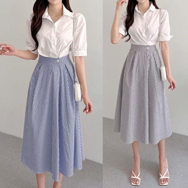 連身裙．韓風假兩件拼接條紋收腰翻領短袖洋裝．白鳥麗子
