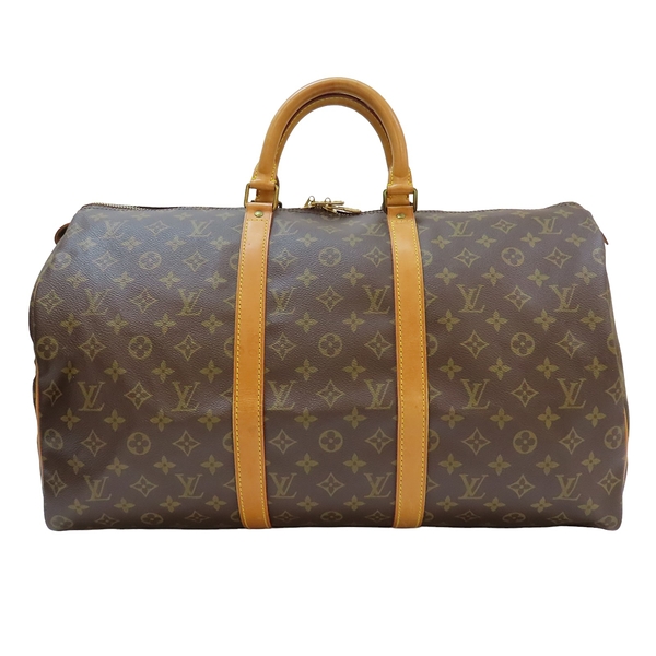 LOUIS VUITTON LV 路易威登 棕色 原花帆布 大型 Keepall 50 手提包 金扣 M41426 【二手名牌BRAND OFF】