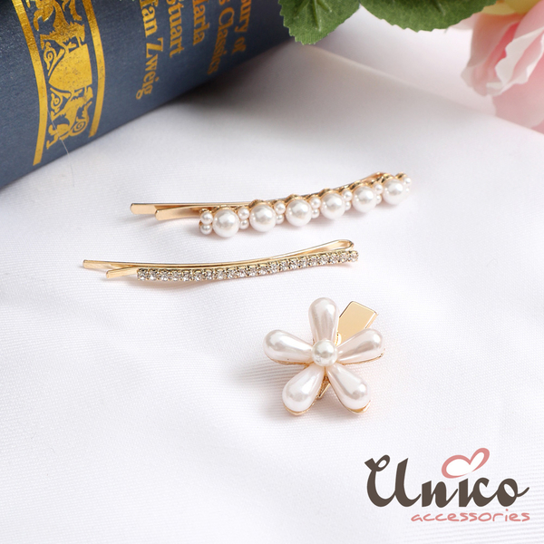 UNICO 甜美珍珠小花朵髮夾帶鑽一字邊夾-3入組 product thumbnail 4