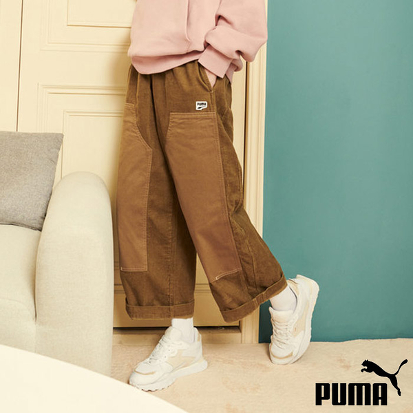 PUMA 長褲 流行系列 DOWNTOWN 深卡其 拼接 燈心絨 寬褲 女 62145793