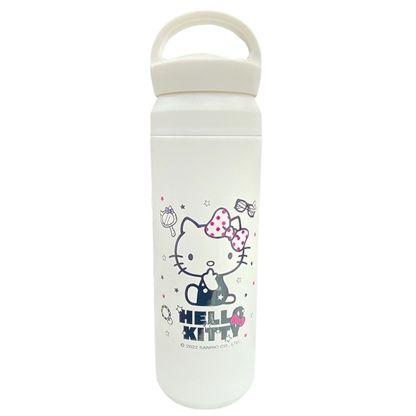 小禮堂 Hello Kitty 手提保溫瓶附杯套 450ml (白坐姿摸嘴款) 4719889-900580