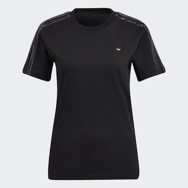【五折出清】Adidas ORIGINALS TIGHT 女裝 短袖 T恤 絲絨三條線 金屬標 黑【運動世界】H18033