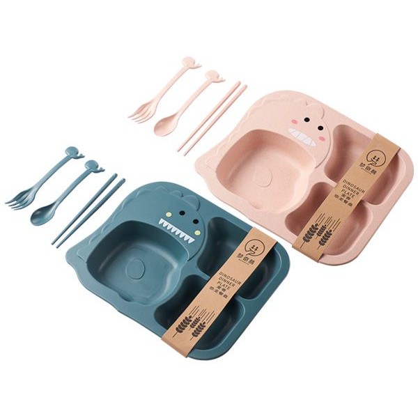 寶寶恐龍造型兒童餐具(1組入) 粉色盤子套組／綠色盤子套組 款式可選【小三美日】