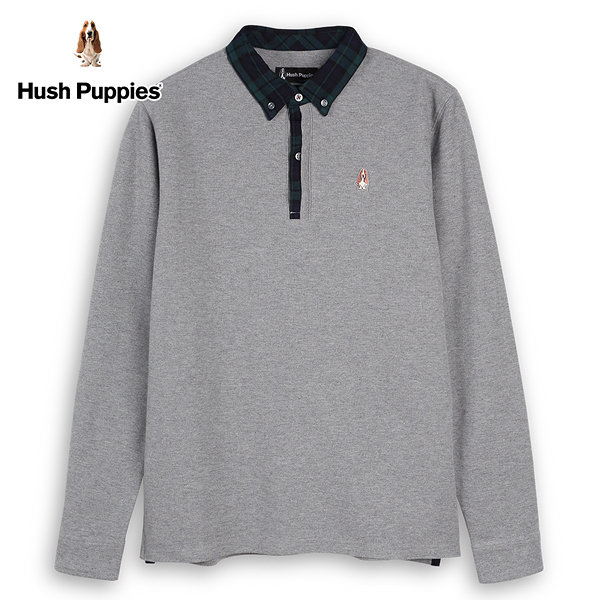 Hush Puppies POLO衫 男裝雅緻格紋拼接領長袖POLO衫