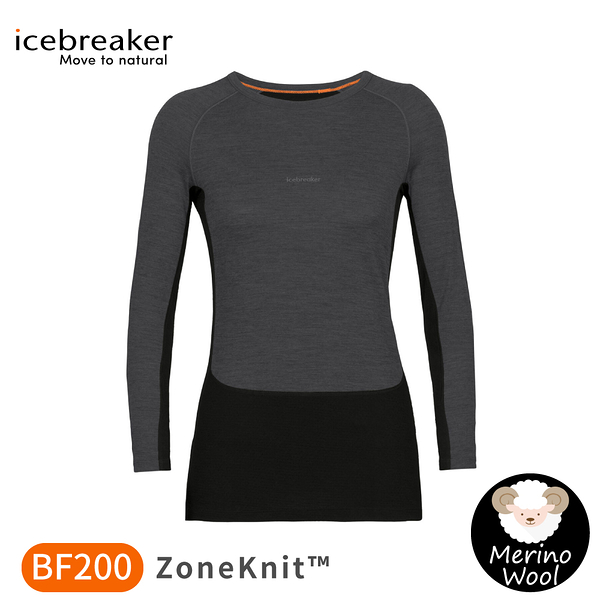 【Icebreaker 女 ZoneKnit 網眼透氣保暖圓領長袖上衣 BF200《灰/黑》】0A56HD/排汗衣/內層衣