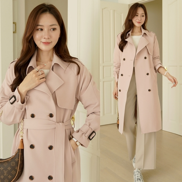 韓國製．率性素色雙排釦翻領風衣外套(附綁帶)．白鳥麗子