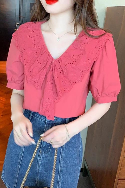 S-XL短袖~蕾絲荷葉邊上衣紅色V領氣質襯衫短袖仙女上衣T-320雅麗安娜