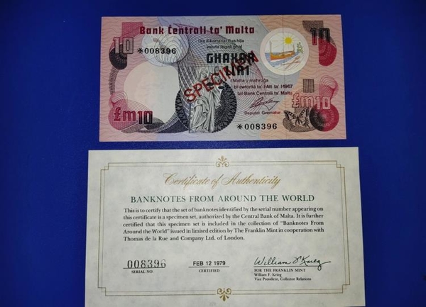馬耳他 紙幣 1979版 5張 全套 樣票 樣鈔 全同號(008396) 帶證書