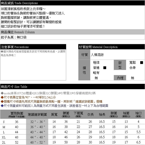 蕾絲上衣--田園風荷葉蕾絲邊胸前壓摺抓皺腰綁帶長版上衣(灰.藍S-2L)-U334眼圈熊中大尺碼 product thumbnail 10