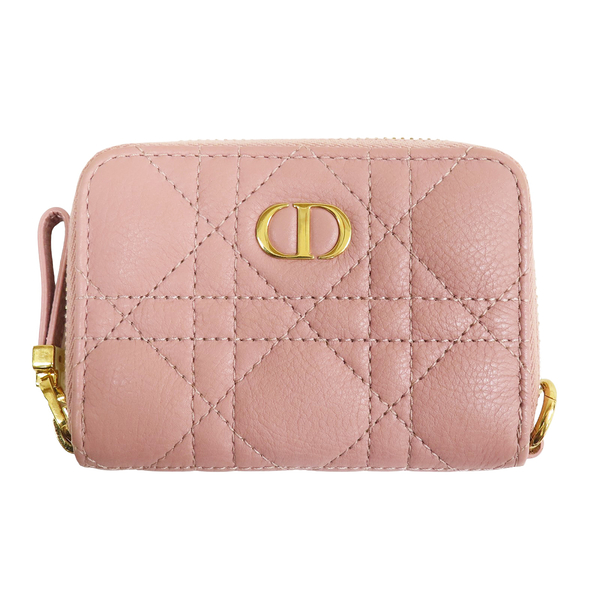 【二手名牌BRAND OFF】Dior 迪奧 粉色 羊皮 Dior Caro Scarlet 拉鍊短夾 金扣