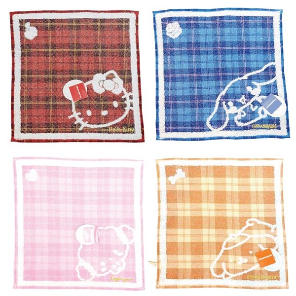 小禮堂 Sanrio 三麗鷗 純棉小方巾 (復古格紋款) Kitty 布丁狗 大耳狗 小麥粉