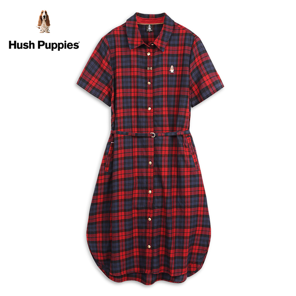 Hush Puppies 洋裝 女裝經典格紋腰綁帶開襟洋裝