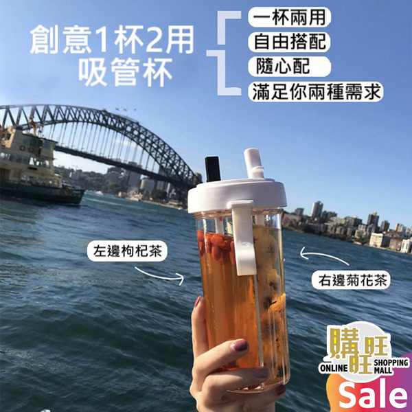 創意一杯兩用吸管杯 420ML/600ML(附清潔刷) 購旺旺