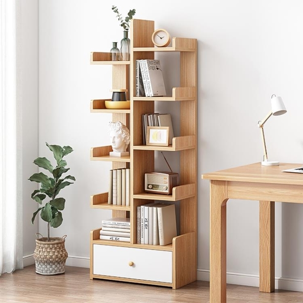 北歐書架落地置物架小型書櫃實木色簡約家用簡易客廳創意收納架子【快速出貨】