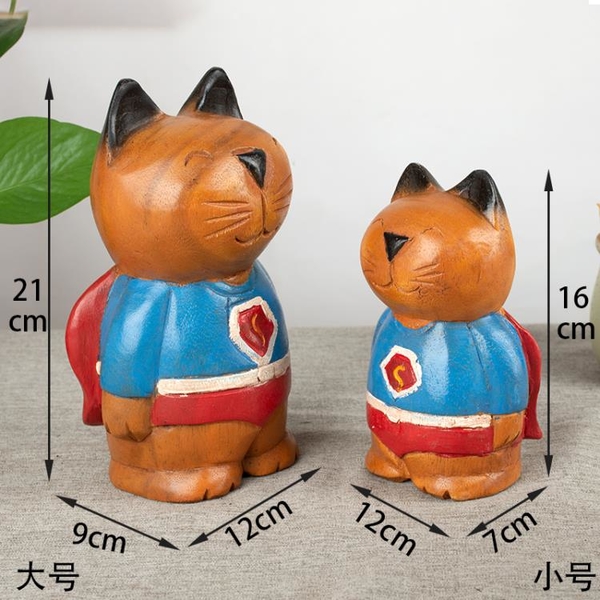 泰國木雕工藝品 東南亞木質功夫貓超人貓擺件創意家