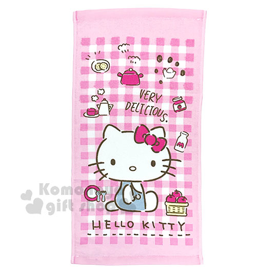 小禮堂 Hello Kitty 純棉割絨長毛巾《S.粉白.格紋側坐》27x54cm.兒童毛巾 4713218-895110