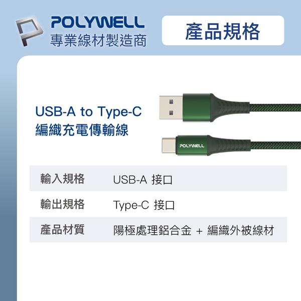 POLYWELL USB To Type-C 編織充電線 0.5米~2米 適用安卓手機 行動電源 寶利威爾 台灣現貨 product thumbnail 10