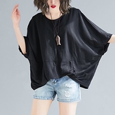 中/大尺碼短袖 大碼女裝夏裝新款純色拼接蝙蝠袖寬鬆遮肚子上衣顯瘦洋氣棉麻T恤