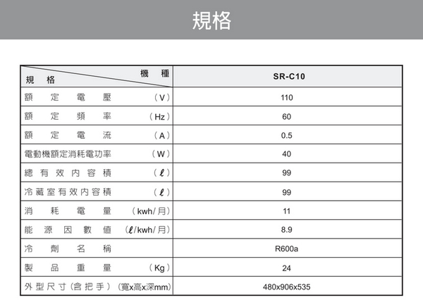 SAMPO聲寶 99公升1級能效歐風美型單門小冰箱 SR-C10~含運不含拆箱定位 product thumbnail 8