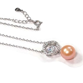 天然粉紅珍珠圓珠與純銀鋯石菱形吊墬項鍊