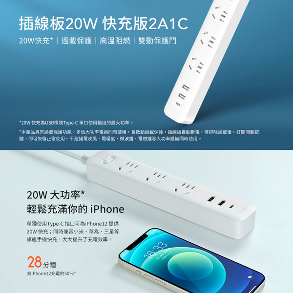 小米插線板 20W 快充版 2A1C 延長線 澳洲通用 米家延長線 USB孔 Type-C孔 快速充電