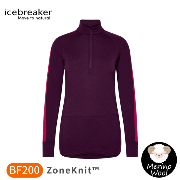 【Icebreaker 女 ZoneKnit 網眼透氣保暖半開襟長袖上衣 BF200《深紫/桃紅》】0A56HC/排汗衣/內層衣