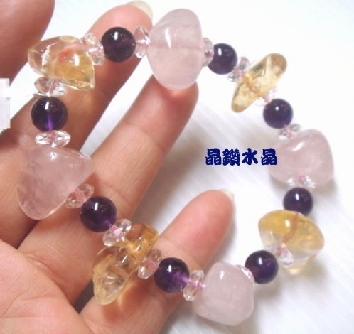 天然星光粉晶(芙蓉晶)搭配天然紫水晶&天然黃水晶大手鍊