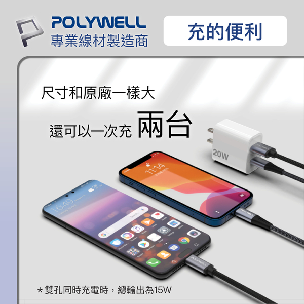 POLYWELL PD雙孔快充頭 20W Type-C+USB-A 雙孔充電頭 充電器 豆腐頭 適用於蘋果iPhone 寶利威爾 product thumbnail 5