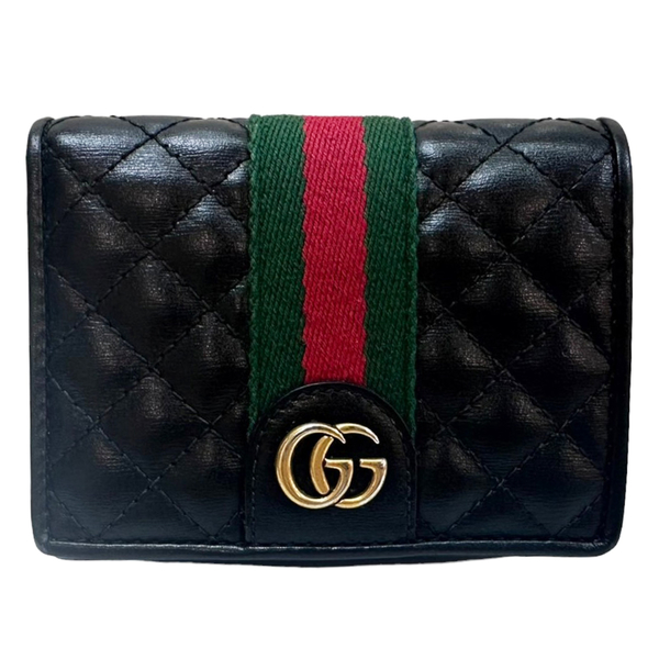 【二手名牌BRAND OFF】GUCCI 古馳 黑色 牛皮 Ophidia 織帶菱格 縫線 扣式短夾 536453