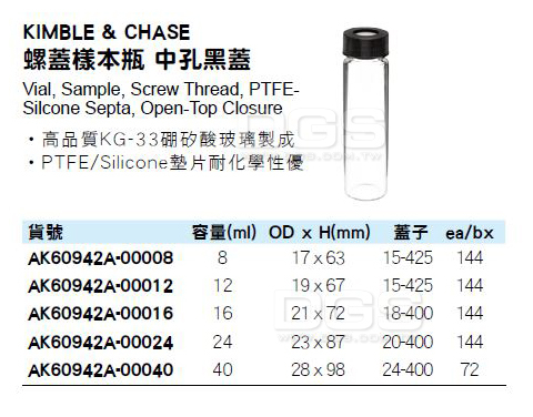 《KIMBLE & CHASE》螺蓋樣本瓶 中孔黑蓋 Vial， Sample， Screw Thread， PTFESilcone Septa， Open-Top Closure