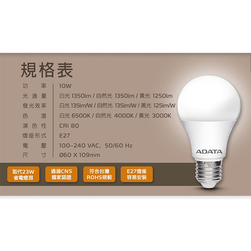 ADATA威剛 高效能LED燈泡-10W(白光/自然光/黃光)E27燈座 護眼 球泡燈 燈 燈具 燈泡【愛買】 product thumbnail 7