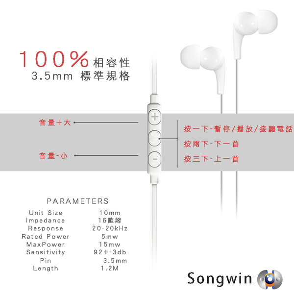 快速出貨【Songwin】1.2米 人體工學氣密行耳機 PH-A600 支援通話/聽音樂 3.5mm控 都適用 線控耳機