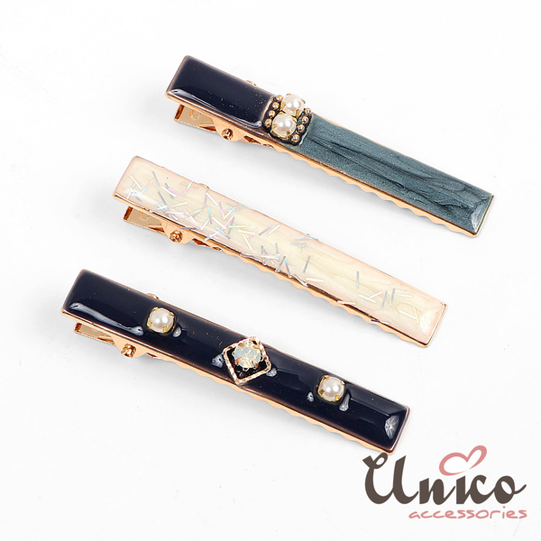 UNICO 韓國超仙唯美風拼色系珍珠水鑽髮夾/邊夾/瀏海夾-3入組