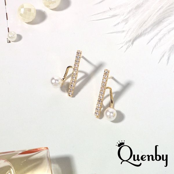 Quenby 聖誕交換禮物 韓系平價飾品 925純銀 韓國新款簡約直排鑽珍珠點綴耳環/耳針