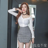 套裝韓版性感吊帶露肩修身襯衫高腰格子包臀半身裙兩件套 韓國洋裝
