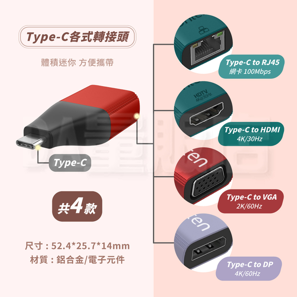 螢幕轉接頭 母轉公 Type-C轉VGA 2K/Type-C轉HDMI 4K/Type-C轉RJ45 product thumbnail 3