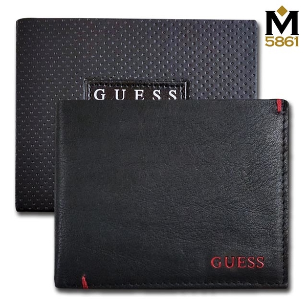 【Guess】男皮夾 短夾 牛皮夾 紅色GUESS Logo 雙鈔夾 品牌盒裝／黑色