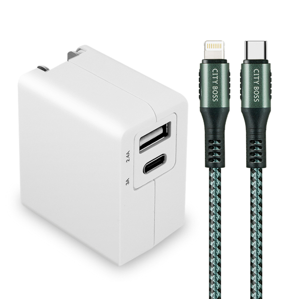 TOPCOM Type-C(PD)+USB雙孔快充充電器+CITY勇固Type-C to Lightning(iPhone)編織快充線-200cm-綠 product thumbnail 2