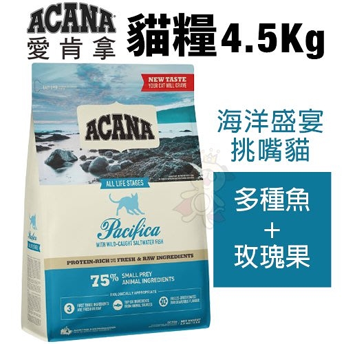 【即期3月】ACANA愛肯拿 貓糧4.5Kg 海洋盛宴挑嘴貓(多種魚+玫瑰果) 無穀配方 貓糧